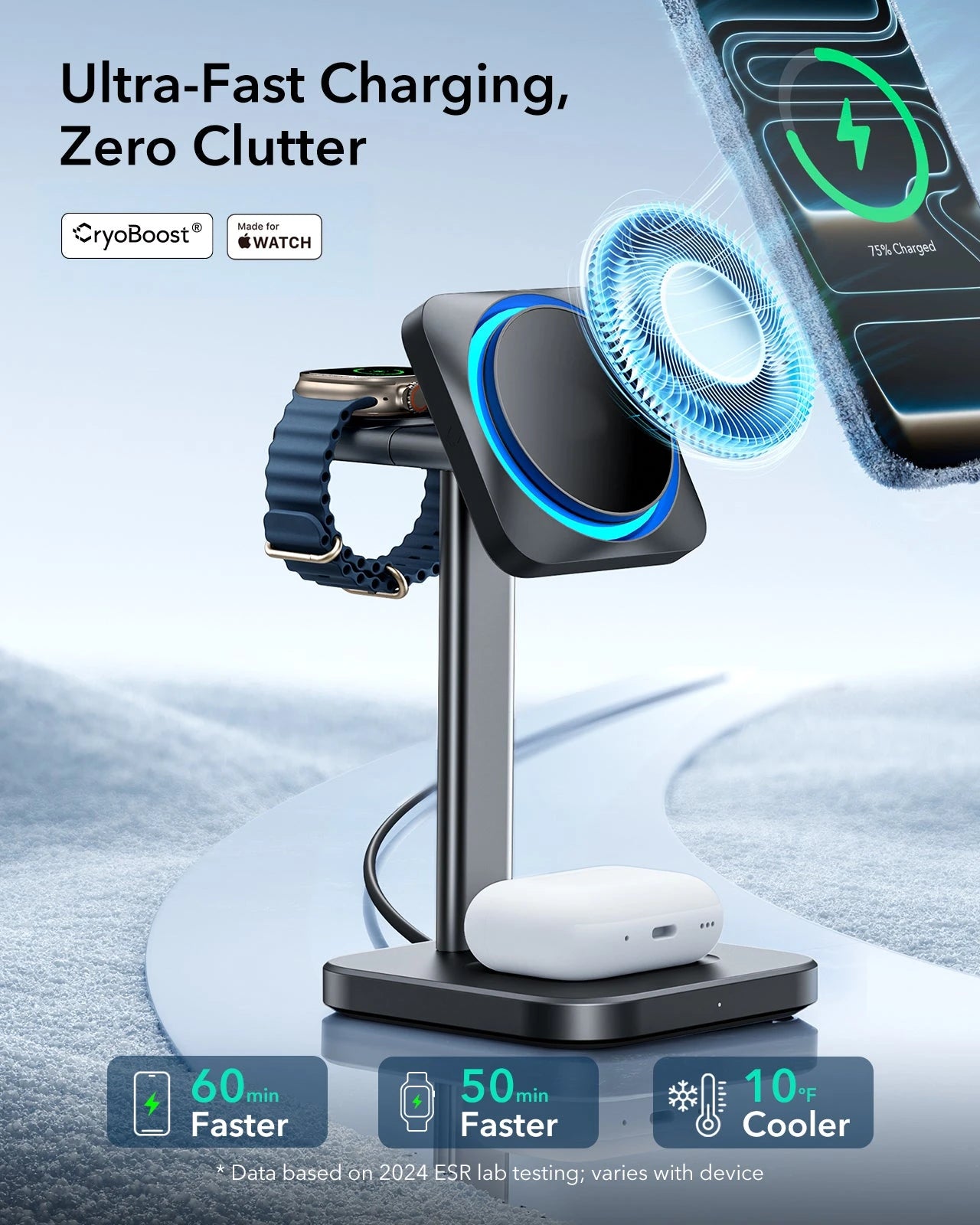 15W 3-in-1 Wireless Charging Station with CryoBoost (HaloLock) and AirPods Pro 3 Pulse FlickLock Case Bundle - Black - US Plug - Image 4