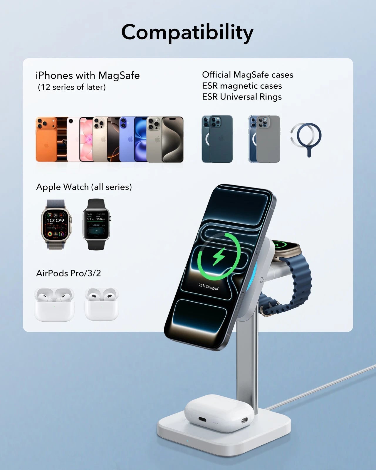 15W 3-in-1 Wireless Charging Station with CryoBoost (HaloLock) and AirPods Pro 3 Pulse FlickLock Case Bundle - Black - US Plug - Image 3