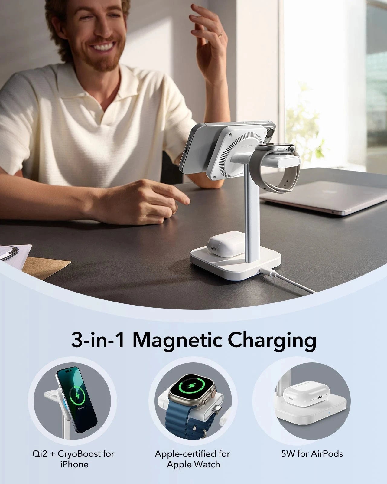 15W 3-in-1 Wireless Charging Station with CryoBoost (HaloLock) and AirPods Pro 3 Pulse FlickLock Case Bundle - Black - US Plug - Image 9
