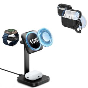 15W 3-in-1 Wireless Charging Station with CryoBoost (HaloLock) and AirPods Pro 3 Cyber Tough Case Bundle - Black - US Plug