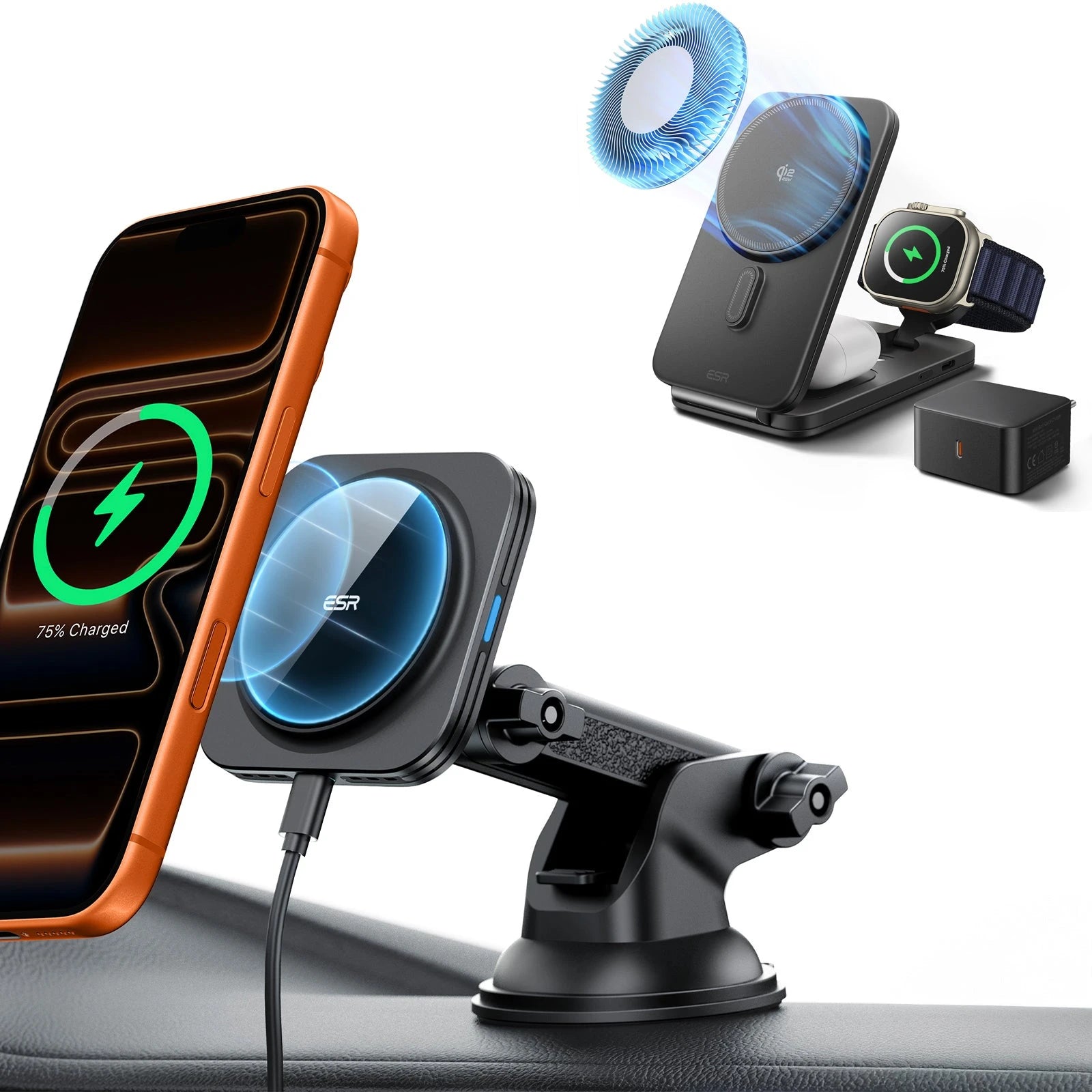 15W Dashboard Wireless Car Charger and 25W CryoBoost Foldable 3-in-1 Charger Bundle - EU Plug–Black