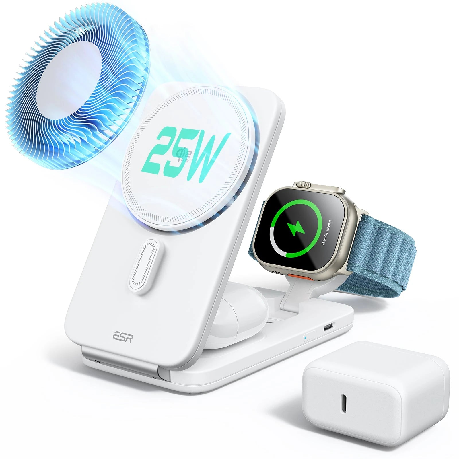 CryoBoost Foldable 3-in-1 Magnetic Charging Station (25W) – US Plug-White